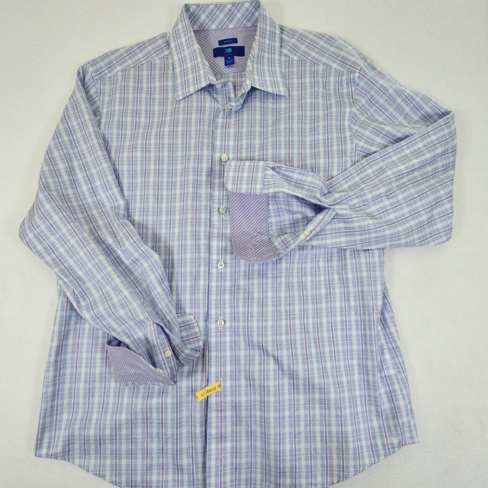Egara‎ Mens XL Blue Purple Plaid Non-Iron Cotton Long Sleeve Button Down Shirt